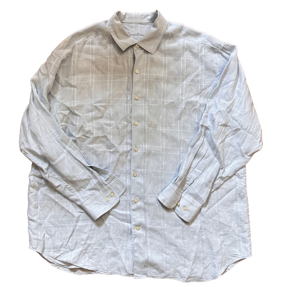 Tommy Bahama Shirt Men's 2XB Linen 2XL Light Blue Striped Casual L/S Shirt